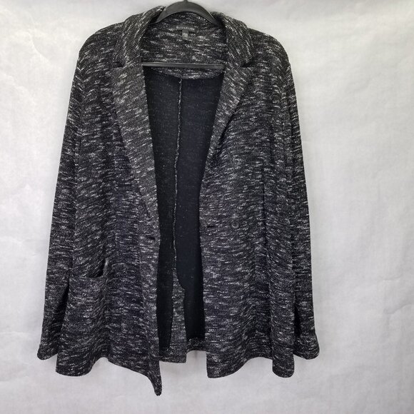 Eileen Fisher Tweedy Blazer Women L Black Fleck Notch Collar Organic Cotton Knit - Picture 9 of 16